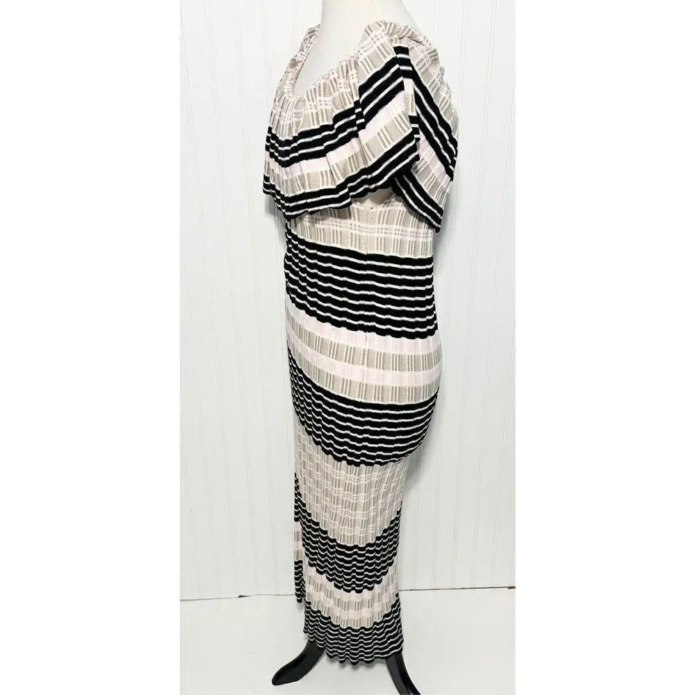 Free People Off Duty Striped‎ Off the Shoulder Midi Sweater Dress Tan Pink Large